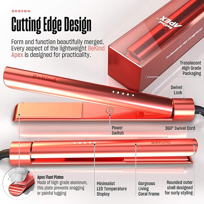 Bekind Apex 2-in-1 Hair Straightener Flat Iron | 1“ 450°F Straightener and Curler for All Hairstyles | UltraSmooth Tech | 15s Fast Heating & Temp Memory | Gift Set for Girls Women (Coral)