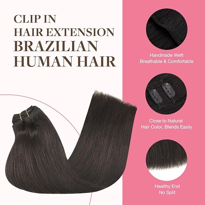 GOO GOO Clip in Hair Extensions Real Human Hair, Remy Human Hair Extensions Clip ins for Women, Natural Human Hair, 22inch 220g 9Pcs, #2 Dark Brown