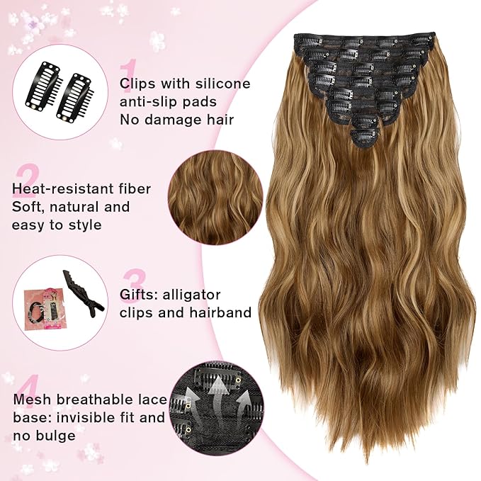 Clip in Hair Extensions for Women, 20 Inch Chestnut Brown Hair Extensions Mix Blonde, 8PCS Long Wavy Clip Ins, Synthetic Airy and breathable Hairpieces for Women