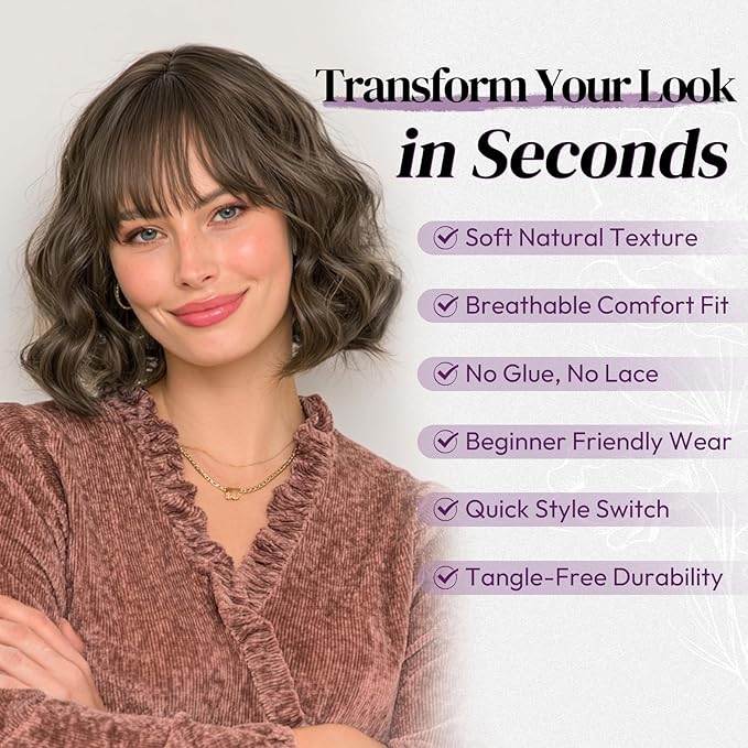 BARSDAR Short Wavy Light Brown Wig with Bangs - Short Light Brown Bob Wigs for Women - Curly Wavy Textured French Bob Wig with Bangs Soft Synthetic Natural Looking Face-Framing Daily