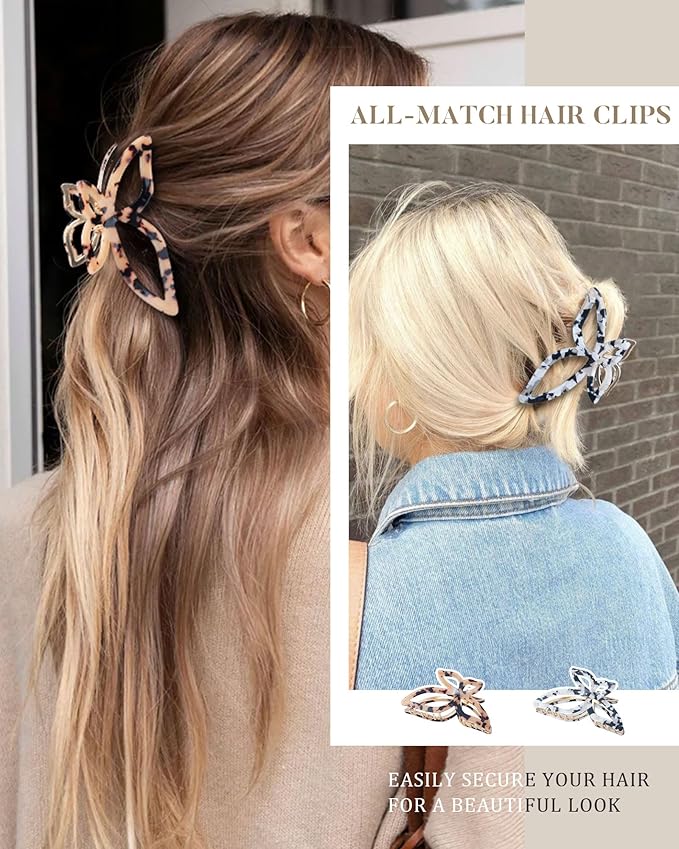 ACECHA 2 Pack Gold Metal Bow Hair Claw Clips for Women, Large Non-slip Butterfly Hairclips for Thin Thick Hair Claws Strong Hold Styling (Leopard)