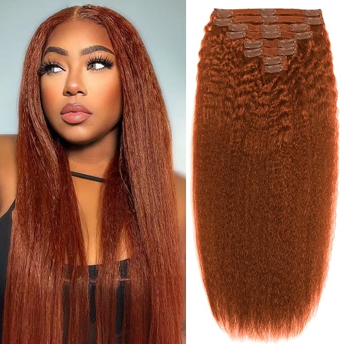 Copper Human Hair Clip Ins 120g 8pcs Colorful Kinky Straight Clip in Hair Extensions Real Human Hair Clip in for Women Soft Hair Extensions Easy Application (#350 22inch)