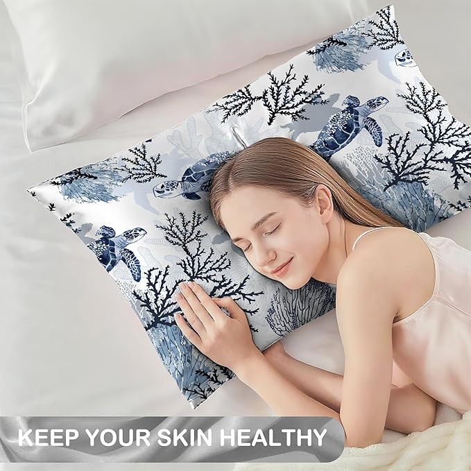 Satin Pillowcase 1 Pack-Nautical Turtle and Corals Silky Pillow Cover for Hair and Skin,King Size 20x36 Inch Soft Cooling Printed Pillow Cases with Hidden Zipper,Gifts for Women Men