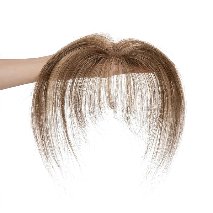 Benehair Clip on Bangs Human Hair, Front Hair Extensions for Women Hair Pieces with Temples for Daily Wear (Medium Brown highlights dark blonde)