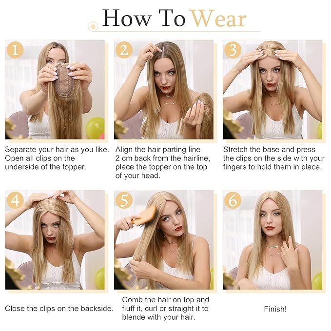 SEGO Hair Toppers for Women Real Human Hair With Bangs, 7 * 13CM Silk Base 100% Remy Human Hair Clip in Top Wiglet Hairpieces Add Volume /18 Inch Platinum Blonde