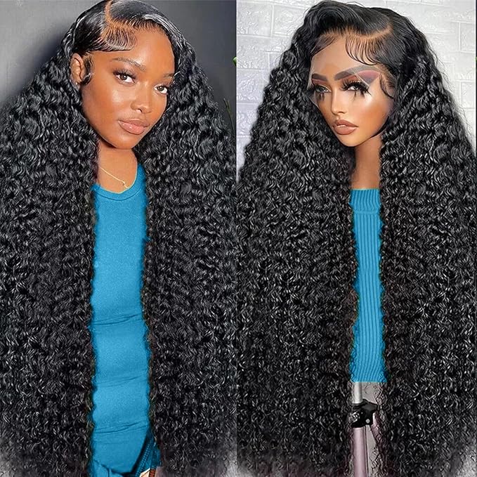 32 Inch Deep Wave Lace Front Wigs Human Hair, 13x6 HD Lace, 200% Density, Curly, Water Wave, Glueless, Black, Female, 1 Count