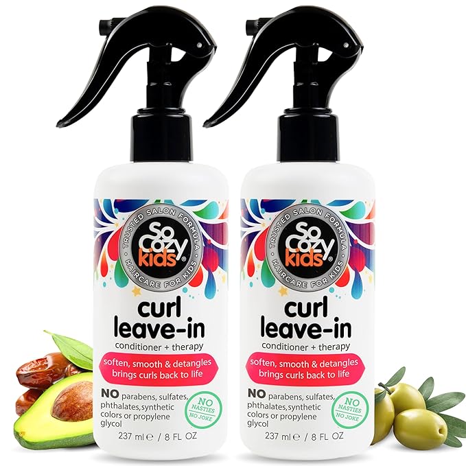 SoCozy Leave In Conditioner Spray (8 Fl Oz, Pack of 2) Detangler for Kids' Curly Hair, Tangle-Free Curls, Gentle & Nourishing with Keratin, Vitamin B5, Olive & Jojoba Oil, Paraben-Free