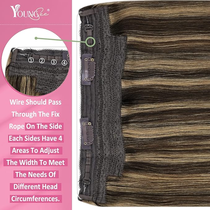 YoungSee Invisible Wire Hair Extensions Brown Highlights Human Hair Wire Extensions Dark Brown Highlight Caramel Blonde Headband Hair Extensions for Women 16inch 80g
