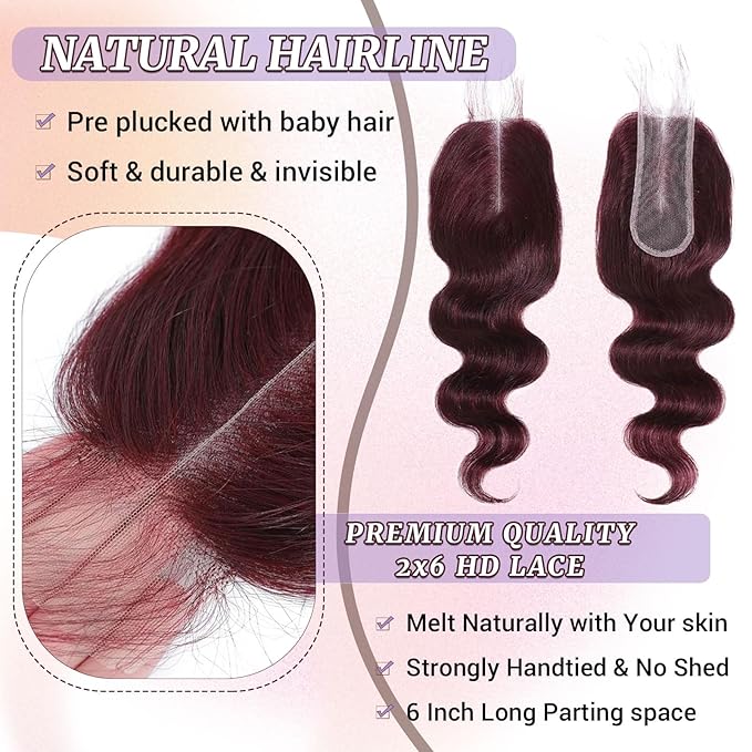 2x6 HD Lace Closure Human Hair Body Wave 99J Burgundy Dark Red Wine Color Transparent Lace Closure 2x6 Long Deep Middle Part 100% Raw Virgin Human Hair 18 Inch 150% Density