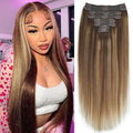 #4/27/4 Yaki Straight Clip in Hair Extensions Real Human Hair Omber Clip ins For Women Yaki Straight Clip on Hair(20inch,#4/27/4)
