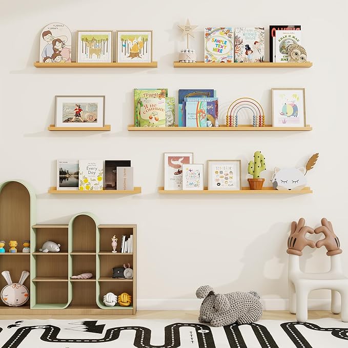 Picture Ledge Shelf, Solid Pine Wood Floating Shelves Set of 4, 16 Inches Nursery Book Shelves for Toys Storage, Kids Bookshelf Wall Mounted for Living Room Decor Photo Frames, Natural