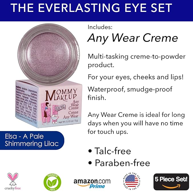 The Everlasting Eye 5 Piece Waterproof Makeup Set. Gel Eyeliner, Creme Eyeshadow, 2 brushes and Mesh Bag. Paraben-free, Talc-free, Cruelty-free. Elsa/Amethyst 1106