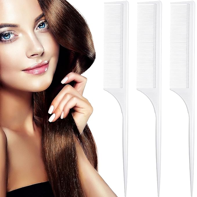 Leinuosen 3 Pack Rat Tail Combs Fine Tooth Parting Tip for Women Carbon Fiber Heat Resistant Anti Static Teasing for Back Combing Root Teasing Adding Volume Evening Styling(White)