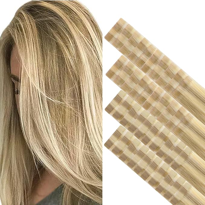 GOO GOO Invisi Edge Tape in Hair Extensions Human Hair, 16/22 Light Blonde Highlighted Golden Blonde 20pcs injected with 20pcs classical tape ins, 12inch 80g, Virgin Remy Hair, Natural Look