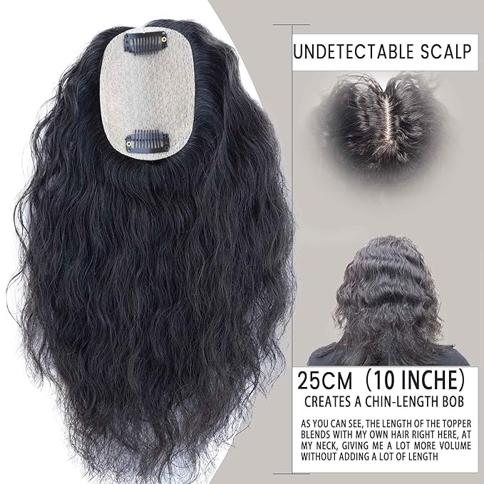 Curly Hair Toppers for Women, Real Human Hair Topper for Thinning Hair, Realistic Scalp Crown Hair Topper with Natural Volume, Clip-In 3D Scalp Cover, Natural Black 1B 10 In