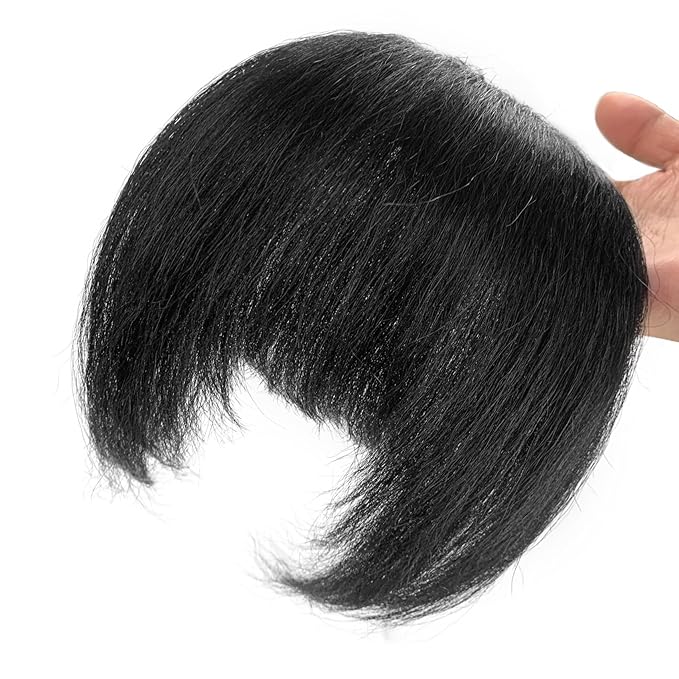 Yaki Straight Bangs Hair Extensions for Women Natural Black Synthetic Fringe with Temples Handmade Kinky Straight Bangs Hairpiece with 3 Clips in (1B)