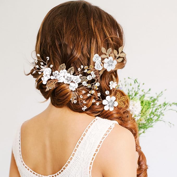 Wedding Flower Hair Accessories for Women: 4pcs Leaf and Flower Hair Combs for Women Accessories - Crystal Pearl Wedding Flower Clips Headpiece for Brides Bridesmaids Girls Updo (White)