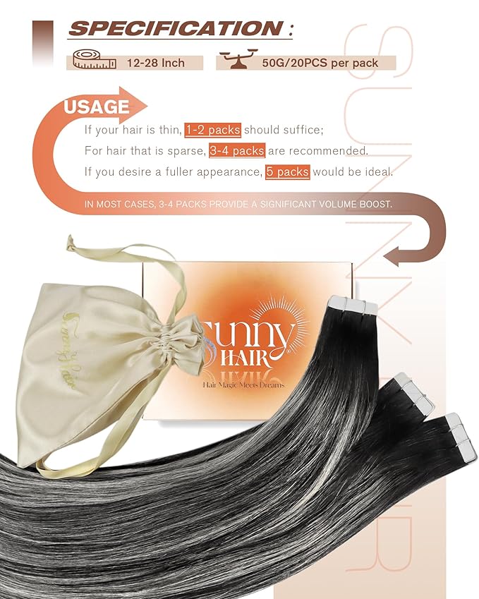Sunny Hair Tape in Hair Extensions Real Human Hair Invisible Remy Hair Extensions Tape ins for Women Natural Black Roots to Silver Grey Balayage 16 inch 20Pcs 50G