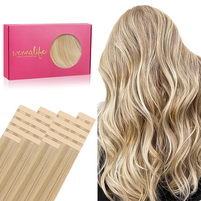 WENNALIFE Tape in Hair Extensions Human Hair, 20pcs 50g 22 inch Light Blonde Highlighted Golden Blonde Remy Hair Extensions Straight Human Hair Tape in Extensions Skin Weft Tape Extensions Human Hair