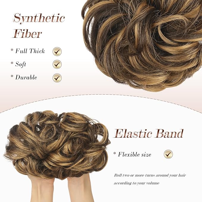 FESHFEN Messy Bun Hair Piece - Elastic Wavy Curly Hair Bun Scrunchies Extensions Synthetic Chignon Hairpieces for Women Girls, Brown Highlighted Caramel Blonde 1.5 oz
