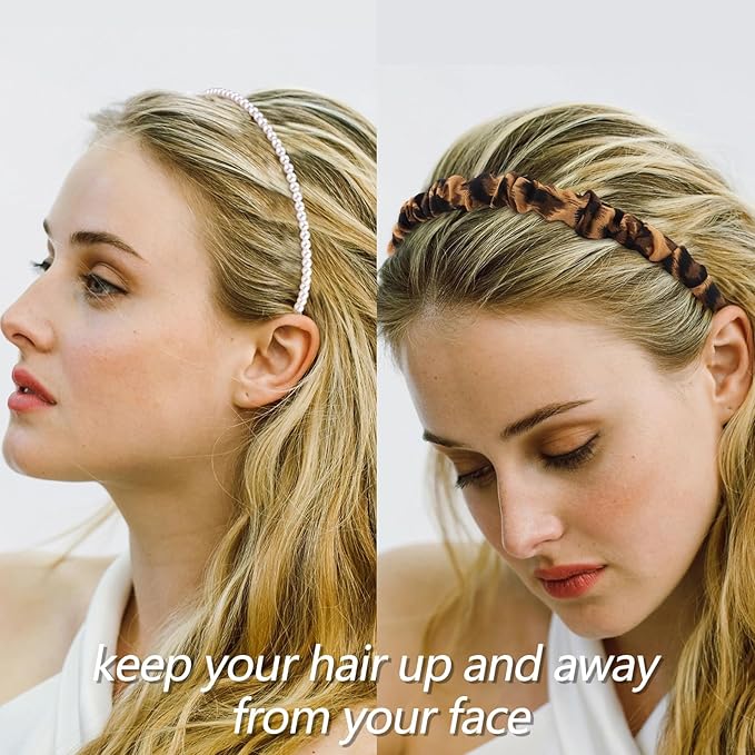 VELSCRUN Headbands for Women 7 Pcs Different Dark Leopard Color Knotted Solid Pearl Head Bands Non Slip Hair Band Stuff for Teen Girls Womens Trendy Fashion Diademas Para Mujer Hair Accessories