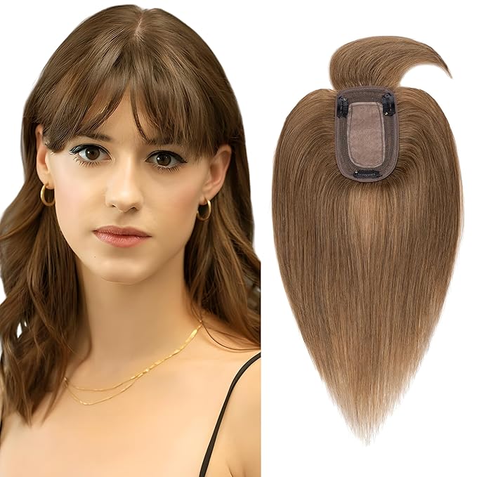 SEGO Hair Toppers for Women Real Human Hair with Thinning, with Front Bangs Clip in Toppers Straight 150% Density Silk Base -18 Inch #6 Light Brown
