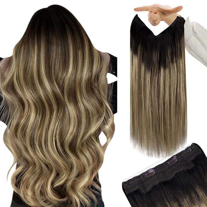 YoungSee 135G Wire Hair Extensions Real Human Hair Ombre Wire Hair Extensions Multicolor Human Hair Fish Line Extensions Dark Brown Roots to Medium Brown with Blonde Balayage 24inch