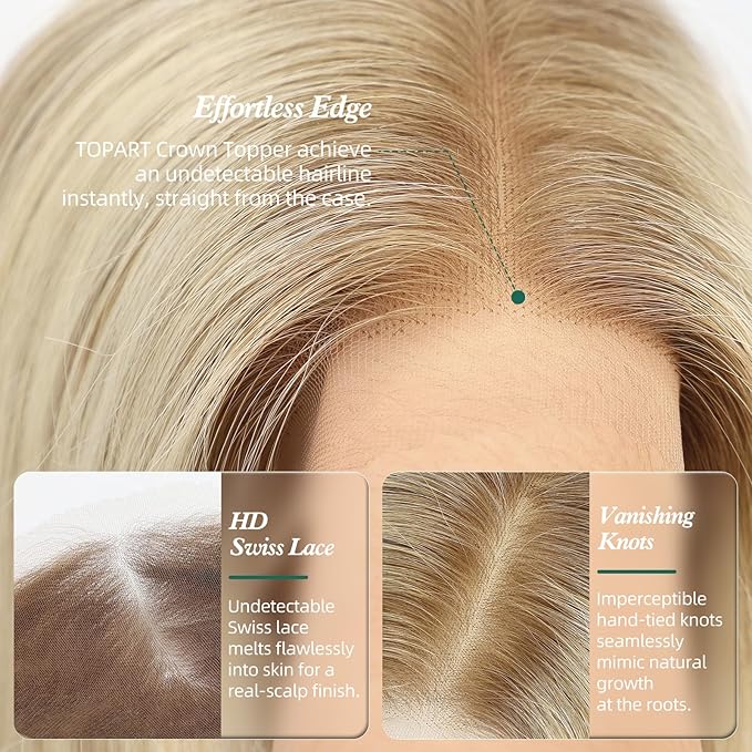 Full Hand Tied Hair Toppers for Women Remy Human Hair Lace Front Topper 14 Inch 6"×6" Partial wig Cover Thinning Hair or Loss No Bangs Top Hair Pieces (Blonde Mixed)