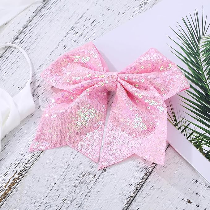 Large Glitter Cheer Bows Clips, Jumbo Big 7 Inch Cheerleading Sequin Hair Bow Hair Accessories for Teens Girls Football Sports Cheerleader Outfit Uniform (Pink)