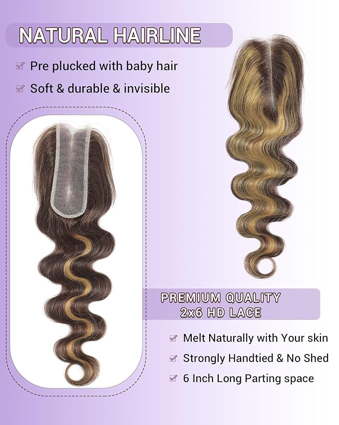 Highlight Yellow On Brown Color 2x6 HD Lace Closure Human Hair Body Wave Transparent Lace Closure 2x6 Long Middle Part 100% Raw Virgin Human Hair 20 Inch 150% Density