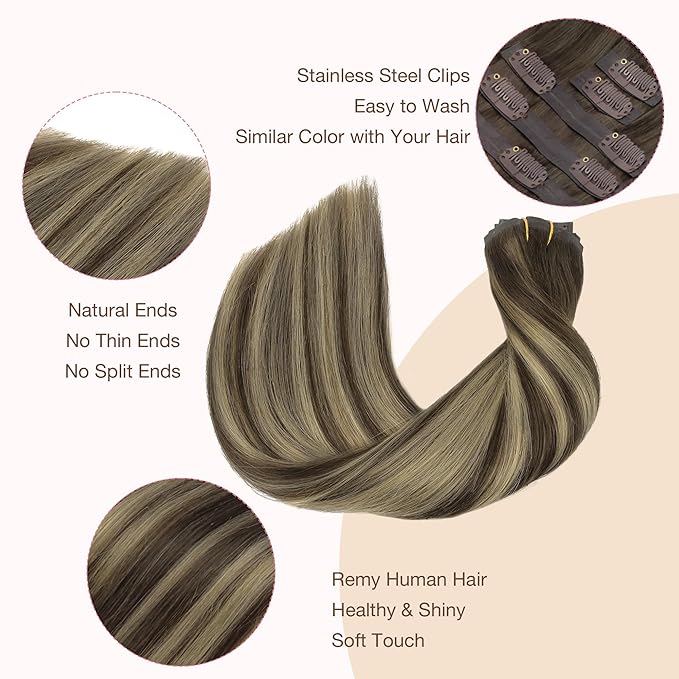 GOO GOO Clip in Hair Extensions Real Human Hair, Remy Human Hair Extensions Clip ins for Women, Natural Human Hair, 22 Inch 140g 7Pcs, 4/26/4 Balayage Chocolate Brown to Honey Blonde