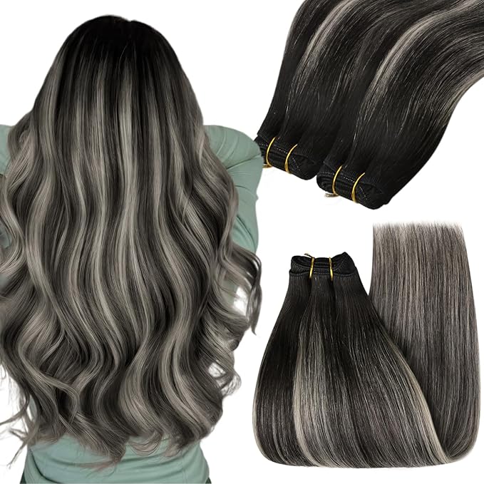 YoungSee Weft Hair Extensions Black Roots to Silver Mix Black Human Hair Weft Extensions Balayage Sew in Bundles Human Hair Long Straight Hair 22Inch 100G