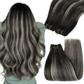 YoungSee Weft Hair Extensions Black Roots to Silver Mix Black Human Hair Weft Extensions Balayage Sew in Bundles Human Hair Long Straight Hair 22Inch 100G