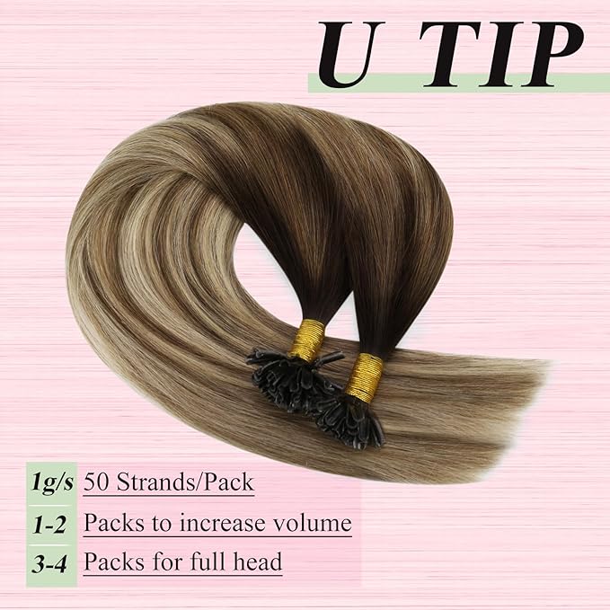 YoungSee U Tip Hair Extensions Human Hair Ombre Dark Brown to Brown with Blonde Keratin Human Hair Extensions 24In 1G/S 50G