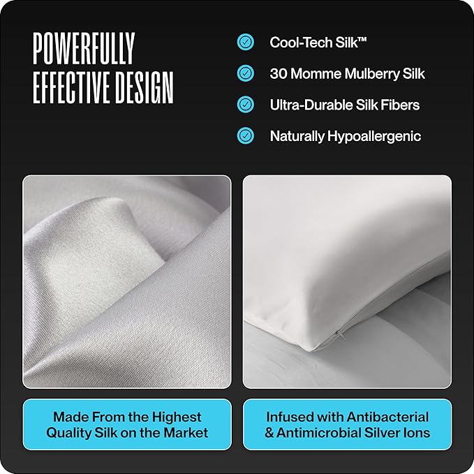 Dream Recovery Performance Silk Pillow Case with Zipper - 100% Silver Mulberry Silk Pillowcase for Hair and Skin - Naturally Cooling and Moisturizing - Standard Size - Bone