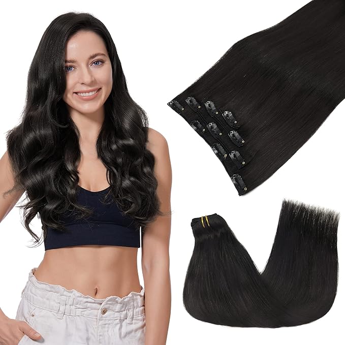 GOO GOO Clip in Hair Extensions Real Human Hair, Remy Human Hair Extensions Clip ins for Women, Natural Human Hair, 16inch 65g 4Pcs, 1B Natural black