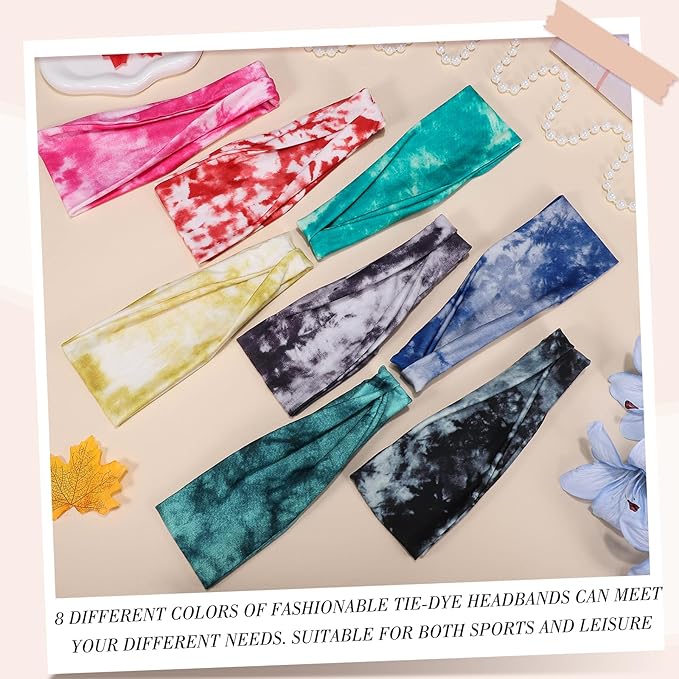 obeoby Tie Dye Headbands for Women, 8Pcs Boho Hairbands Fashion Knot Wide Headband for Daily Yoga Work, Hippie Gifts for Women