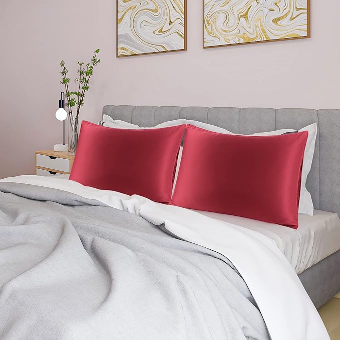 uxcell 2 Pack Silk Satin Pillowcase for Hair and Skin, Cool, Silky, Soft Breathable Pillow Cases King Size 20x36 Inch Sateen Pillowcase Burgundy with Envelope Closure