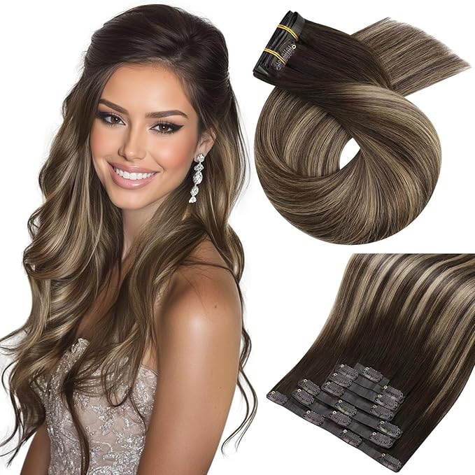 Moresoo Seamless Clip in Hair Extensions Balayage Brown Remy Seamless Human Hair Clip in Extensions Ombre Dark Brown with Caramel Blonde 7pcs/120g 18inch