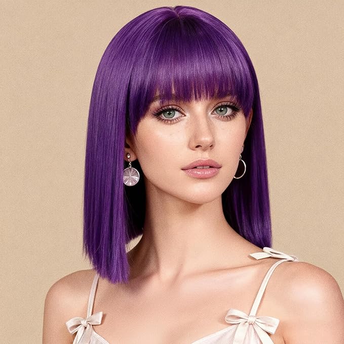 Allbell Deep Purple Wigs for Women Short Bob with Bangs Heat Resistant Synthetic Hair 12 inch for Daily Party Halloween Costume Use