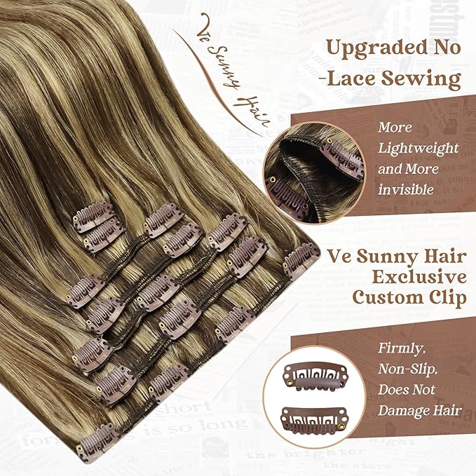 Ve Sunny Clip in Hair Extensions Real Human Hair Highlights Clip on Hair Extensions Dark Brown with Caramel Blonde Highlights Hair Extensions Clip ins for Short Hair Lightweight 5pcs 80g 12inch