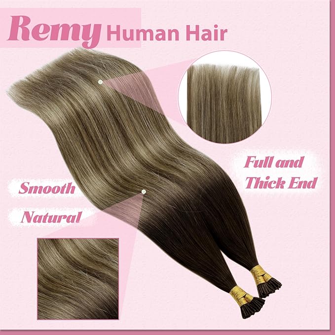 YoungSee I Tip Hair Extensions Human Hair Balayage Itip Hair Extension Real Human Hair Ombre 14 Inch Itip Human Hair Extension Dark Brown Ombre Brown Tip Hair Extension for Short Hair 80s 50g