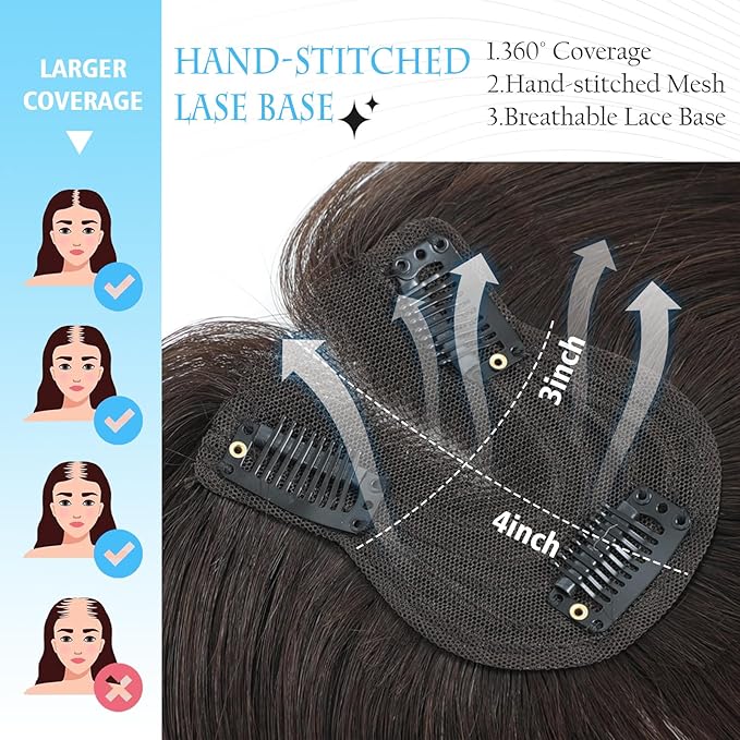 Human Hair Toppers for Women Real Human Hair pieces for Women with Thinning Hair pieces 7 * 10cm Hand-Tied Swiss Base Topper No Bangs 30g Hairpieces 10Inch (Dark Brown)