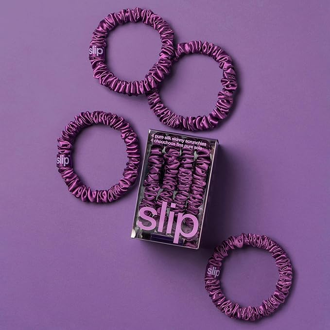 slip Skinny Scrunchies: Anti-Crease, Anti-Breakage Slipsilk™ Design Protects Delicate Hair | Includes 4 Pure Silk Scrunchies: Dark Purple