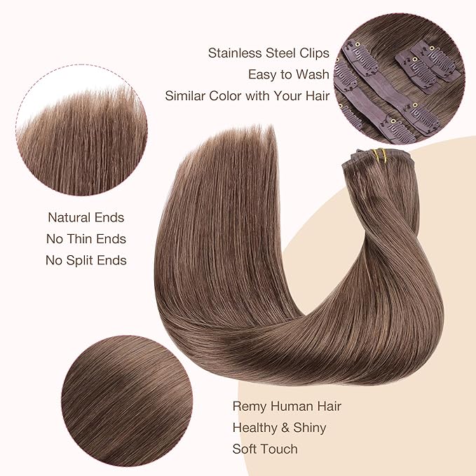 GOO GOO Clip in Hair Extensions Real Human Hair, Remy Human Hair Extensions Clip ins for Women, Natural Human Hair, 24inch 120g 7Pcs, 5 Light Ash Brown