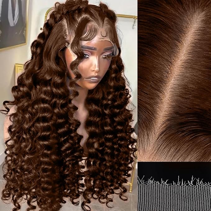 5x5 SKINLIKE Real HD Lace Closure Wig, Chocolate Brown Loose Body Wave 250% Density 0.10mm Ultra-thin Swiss Lace Pre-plucked Bleached Small Knots With Baby Hair Brown Wig Human Hair Wigs 20 Inch