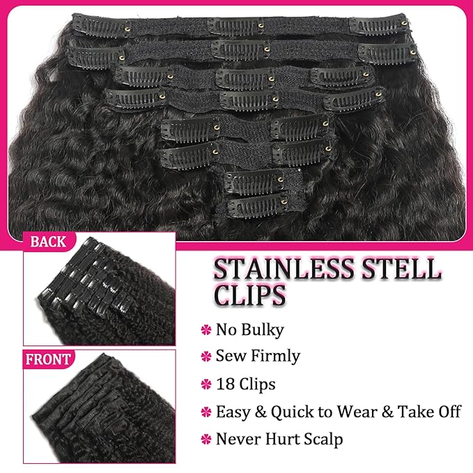 Kinky Straight Clip in Human Hair Extensions for Black Women 8Pcs 120g Seamless Kinky Straight Clip Ins 18Clips Double Weft Human Hair Full Head Hair Extensions (1B 22 Inch)