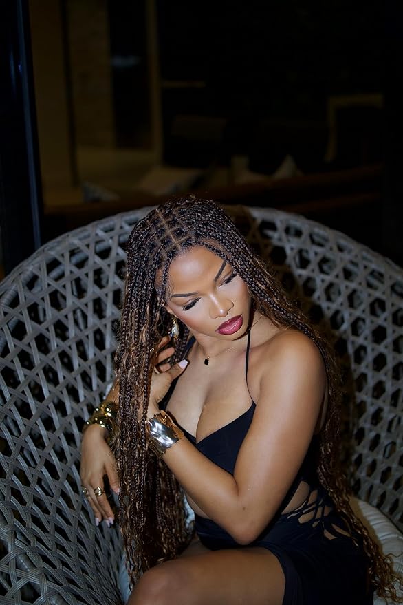 Human Hair Boho Curls Hand-Tied HD Full Lace Wig - 36" Salon-Level Small Box Synthetic Braids (79 Braids, Medium Density) Pre-Cut Swiss HD Lace, Pre-Plucked, Tangle-Free - 1B/27 Honey Blond