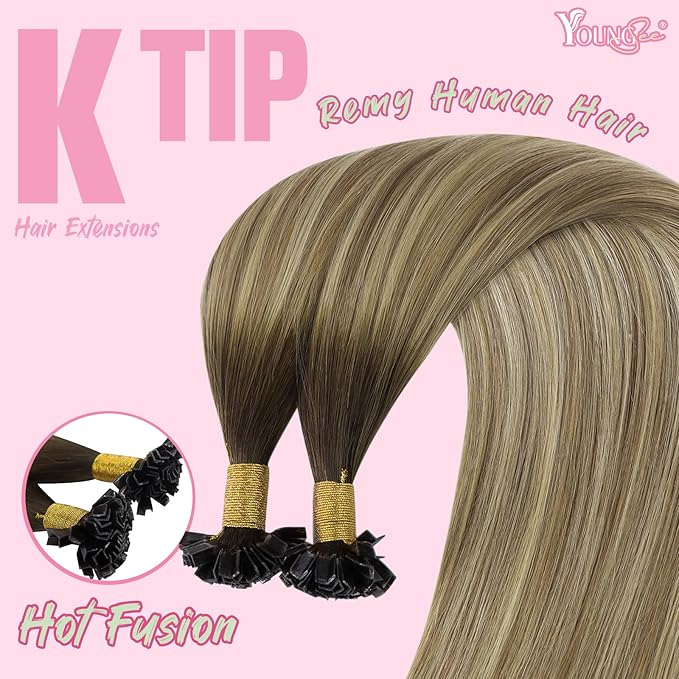 YoungSee K Tip Hair Extensions Balayage Keratin Tip Hair Extensions Balayage 24 Inch Long Dark Brown Ombre Brown with Blonde 50s/50g