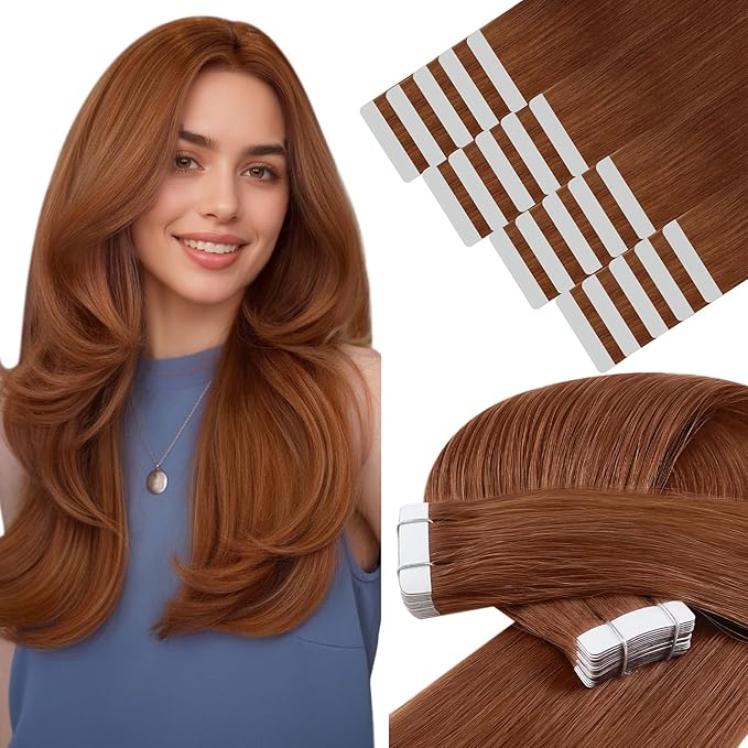 YoungSee Tape in Hair Extensions Human Hair Copper Human Hair Tape in Extensions Copper Tape-in Human Hair Extension 16Inch Short Tape-ins Hair Extension 20Pcs 50G